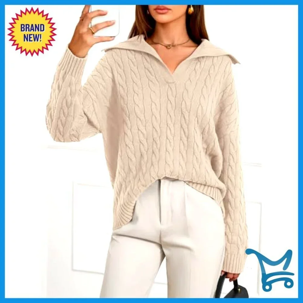 Oversized Cable Knit Sweater Polo V Neck Chunky Pullover Casual Chic